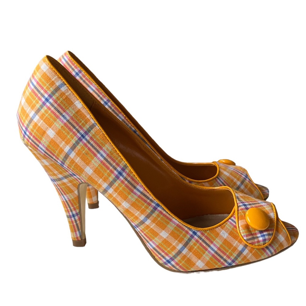 Diba Girl Yellow check tartan open toe pumps size 9
